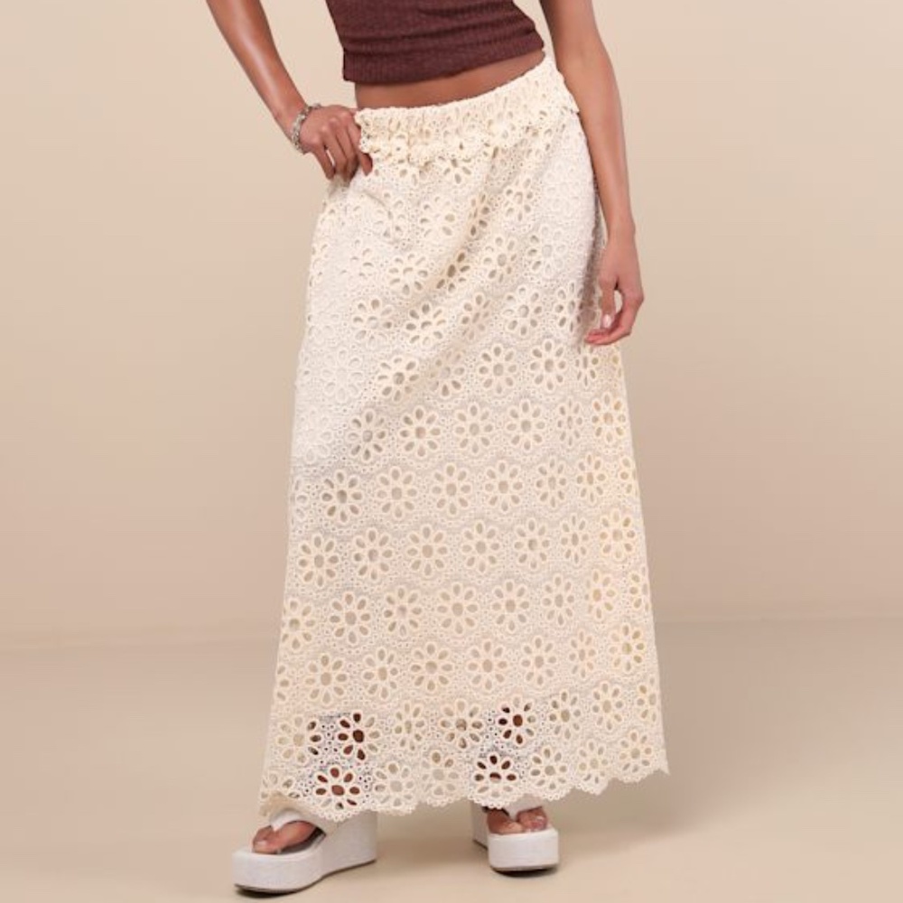 Lulus Kiros Cream Floral Eyelet Embroidered Maxi Skirt White - Size S